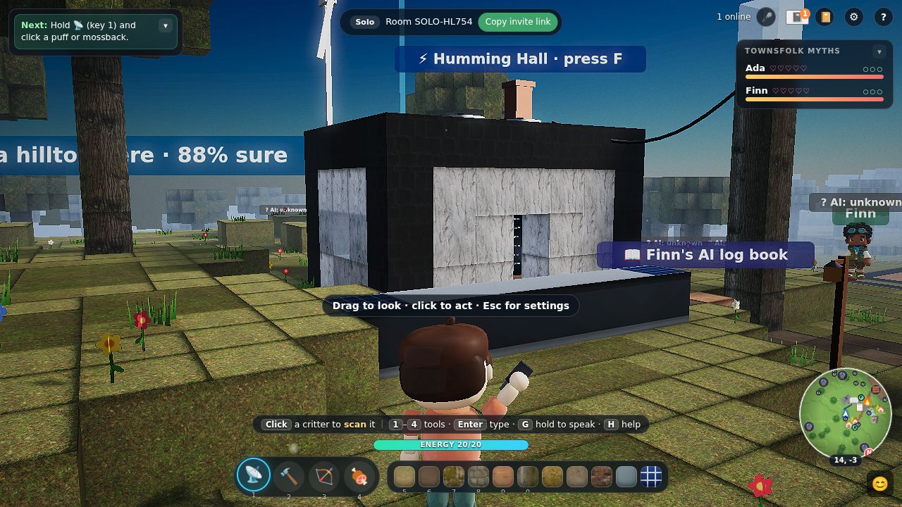 The Humming Hall: a pale building with a windmill and a chimney on the roof, a cable from the watchtower and a row of solar panels in front