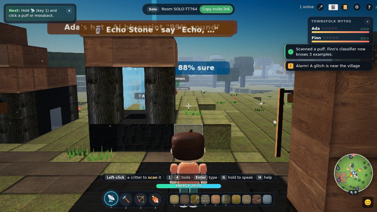 The game screen: next step at the top left, townsfolk myths at the top right, notifications, minimap and hotbar